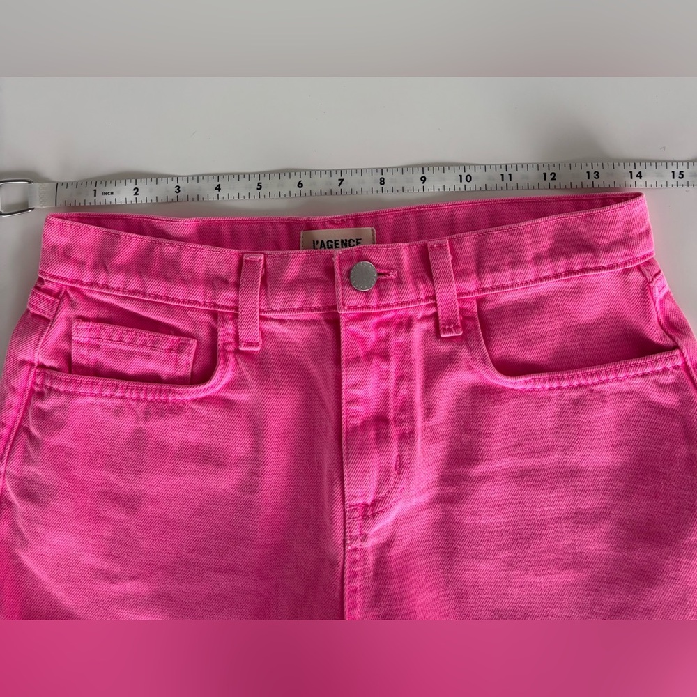 L'Agence Clark Distressed Denim High Rise Shorts in Shocking Pink, 24" Waist - Picture 8 of 9